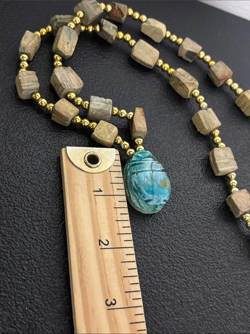 Handcrafted Scarab Blue-Green Stone Pendant Necklace with Gold Beads - Picture 7 of 7